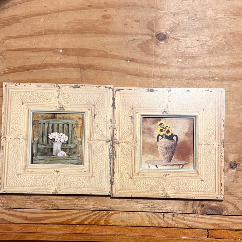 Rustic Cream Double Picture Frame with Floral Art